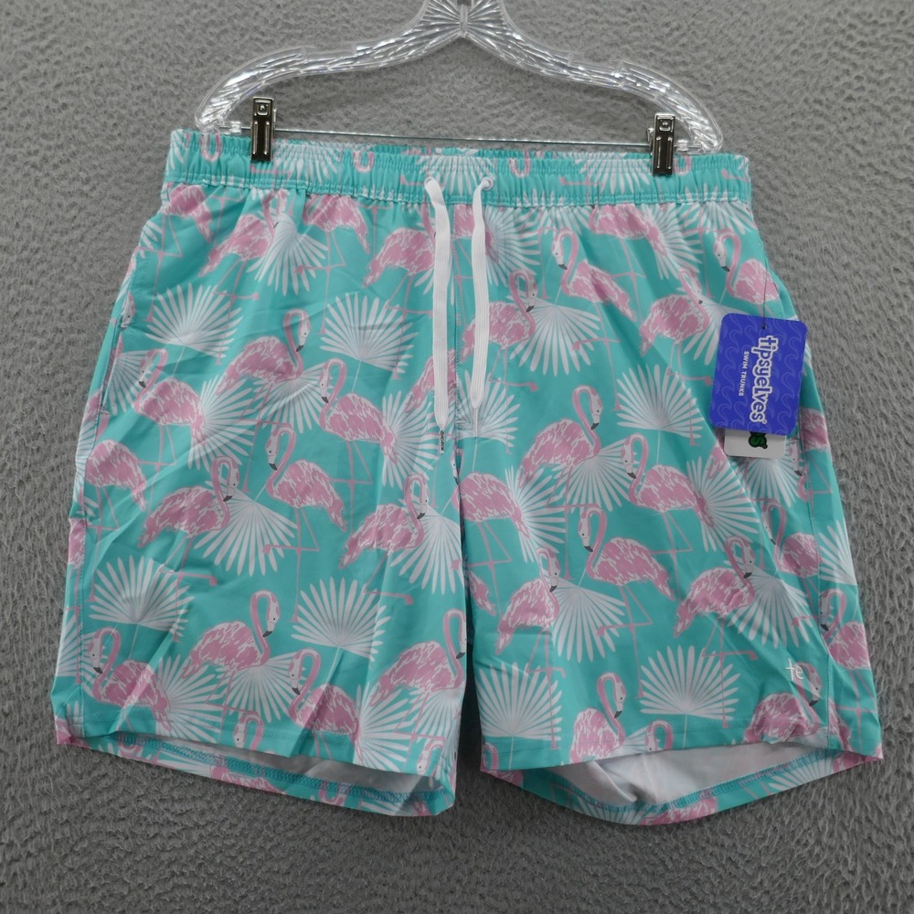 Tipsy Elves Mens Flamingo Print‎ Swim Trunks 2XL Blue Pink Stretch Pockets NEW